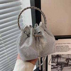 Women Drawstring Stone Bags Mini Bucket Chain Shoulder Bag