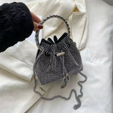 Women Drawstring Stone Bags Mini Bucket Chain Shoulder Bag
