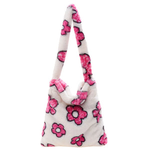 Floral Print Plush Shoulder Bag Winter Large Handbag Purse