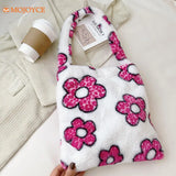 Floral Print Plush Shoulder Bag Winter Large Handbag Purse