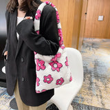 Floral Print Plush Shoulder Bag Winter Large Handbag Purse
