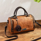 Women Leather Rose Flower Pendant Boston Crossbody Bag