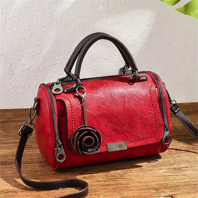 Women Leather Rose Flower Pendant Boston Crossbody Bag