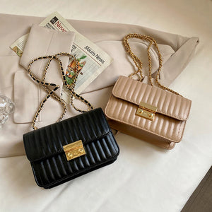 Women Lines Embroidery PU Leather Crossbody Shoulder Bags Solid Casual Chain