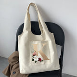 Initial Name Print Beige Canvas Tote Bag for Women