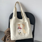 Initial Name Print Beige Canvas Tote Bag for Women