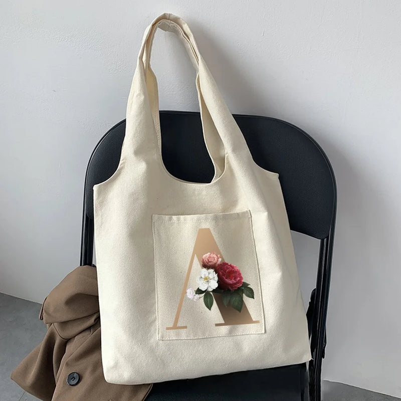 Initial Name Print Beige Canvas Tote Bag for Women