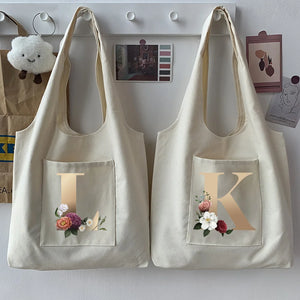 Initial Name Print Beige Canvas Tote Bag for Women