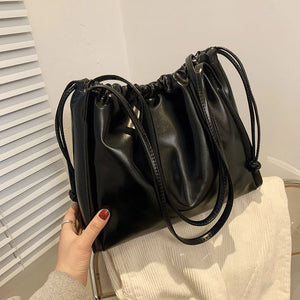 Women PU Leather Shoulder Bag Drawstring Solid Bucket Underarm Bag