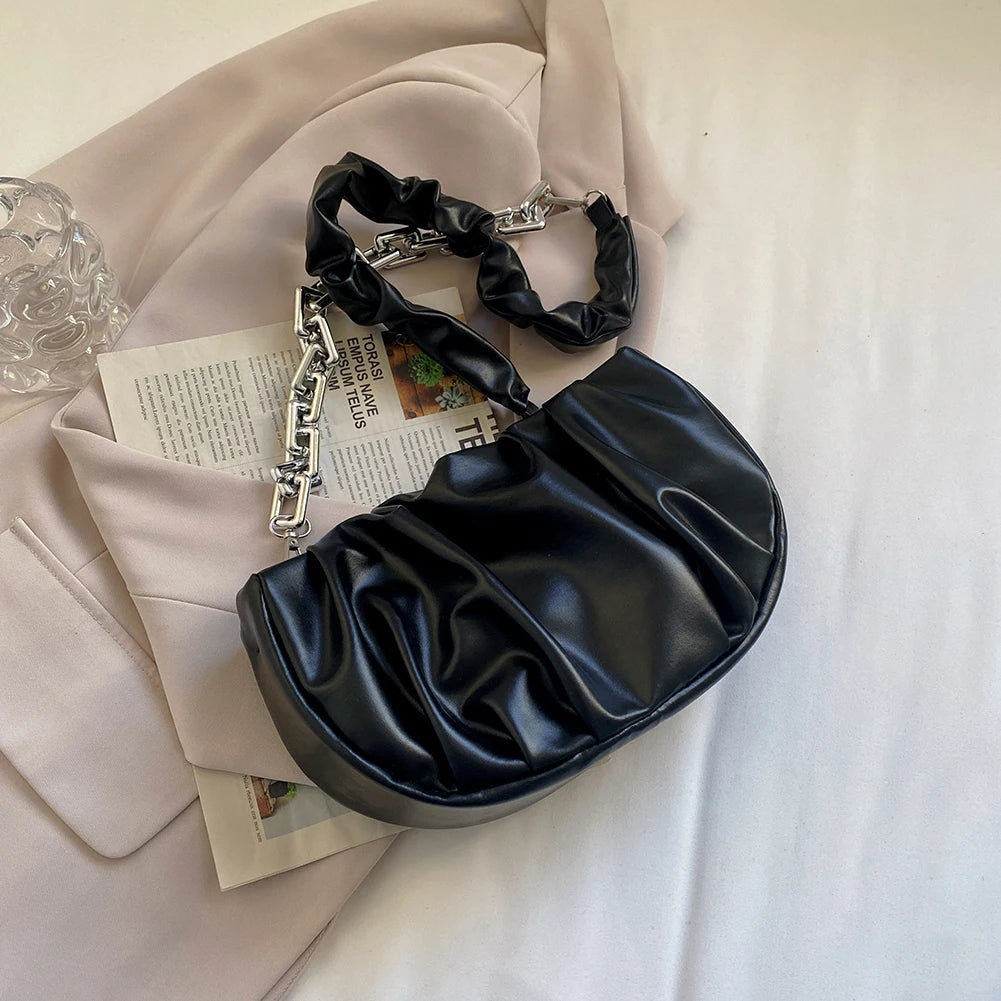 Pleated Chain Shoulder Underarm Bag Vintage PU Leather Small Crossbody Handbag