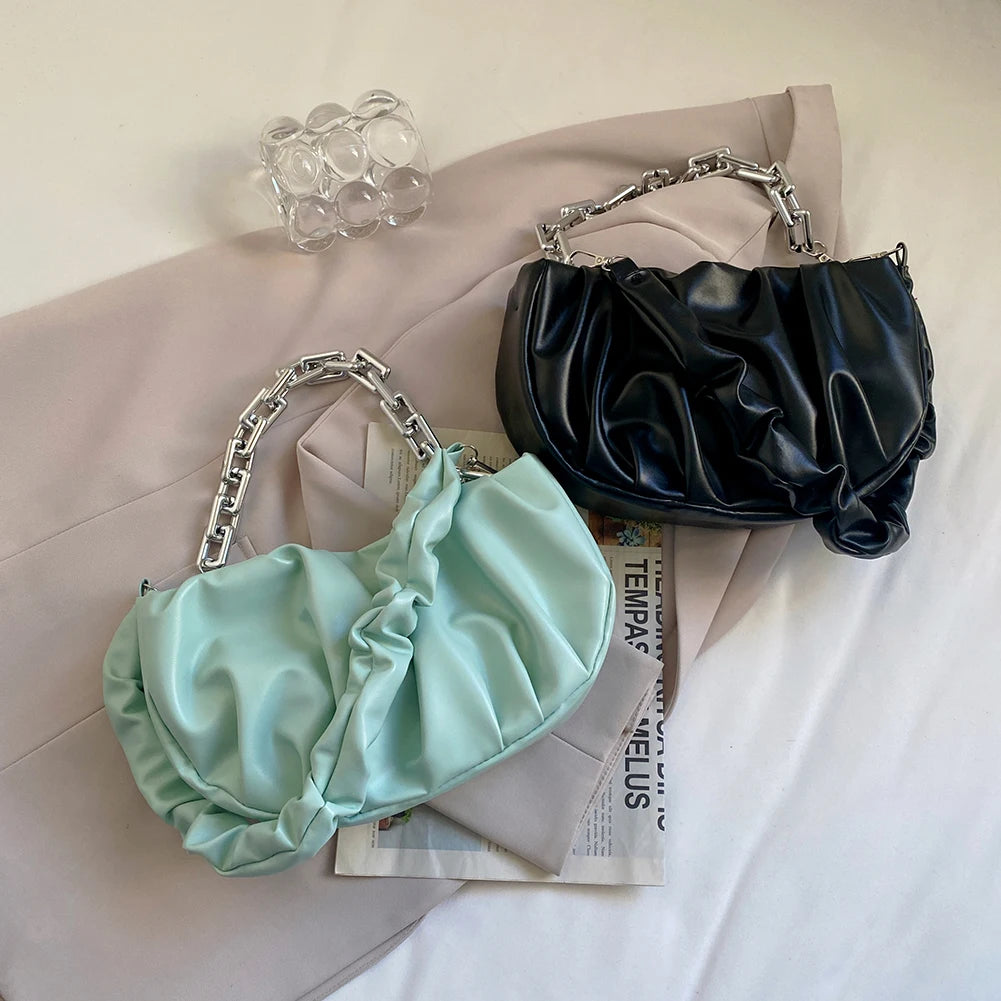 Pleated Chain Shoulder Underarm Bag Vintage PU Leather Small Crossbody Handbag