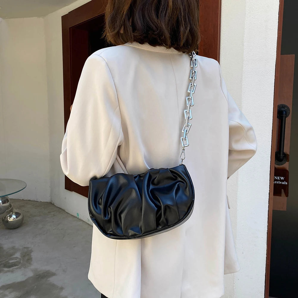 Pleated Chain Shoulder Underarm Bag Vintage PU Leather Small Crossbody Handbag