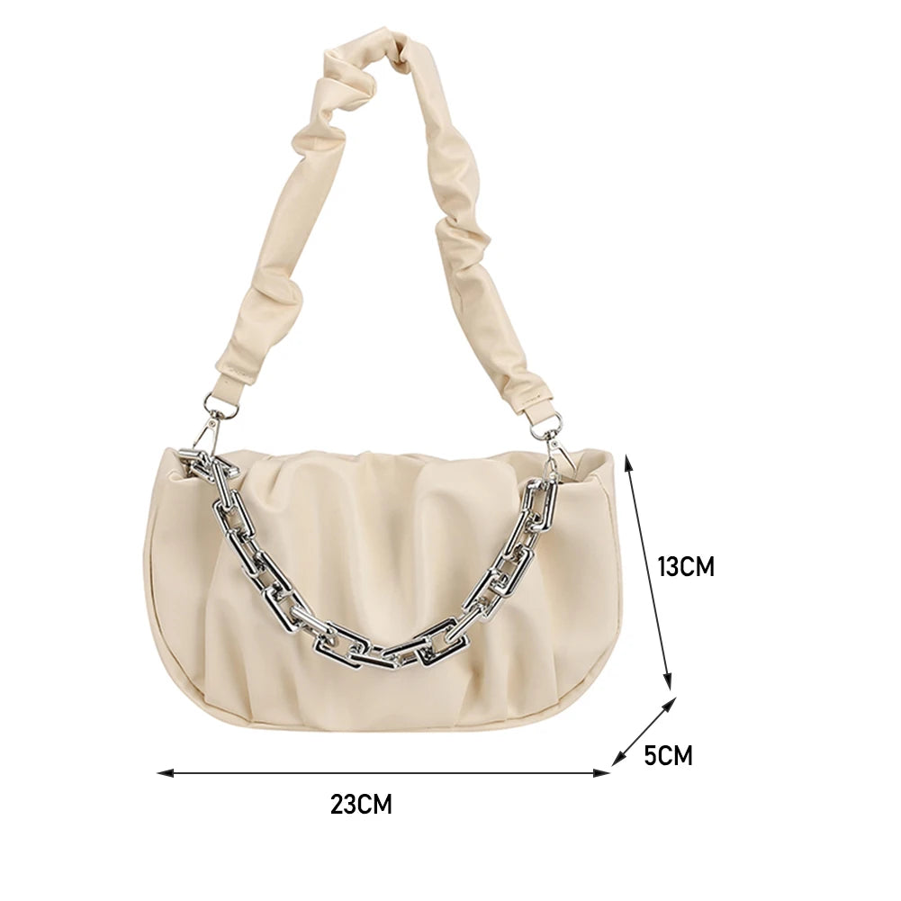Pleated Chain Shoulder Underarm Bag Vintage PU Leather Small Crossbody Handbag
