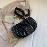 Pleated Chain Shoulder Underarm Bag Vintage PU Leather Small Crossbody Handbag