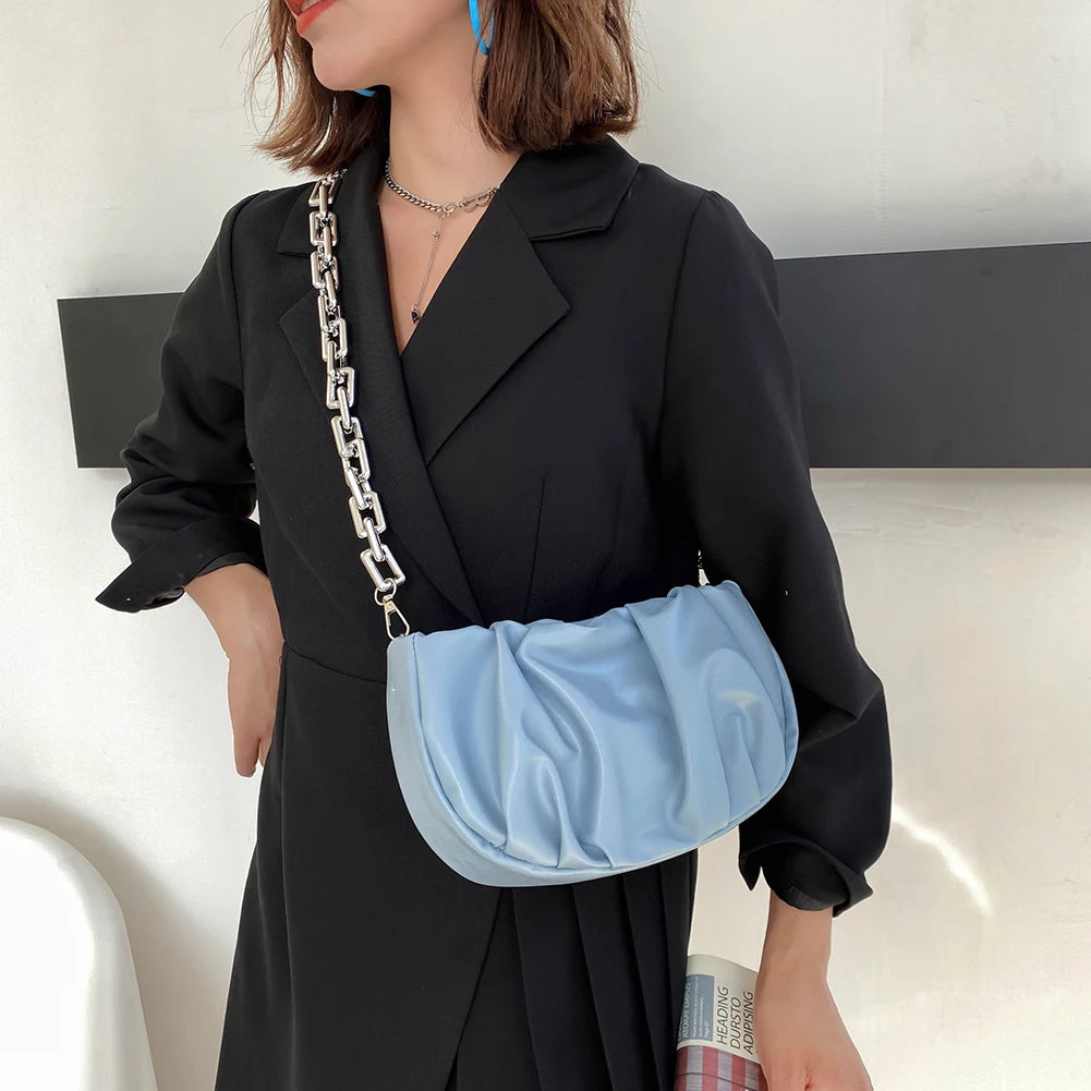 Pleated Chain Shoulder Underarm Bag Vintage PU Leather Small Crossbody Handbag