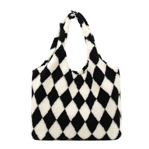 Women Plush Rhombus Printing Shoulder Tote Bag Large Capacity Handbags