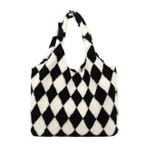 Women Plush Rhombus Printing Shoulder Tote Bag Large Capacity Handbags