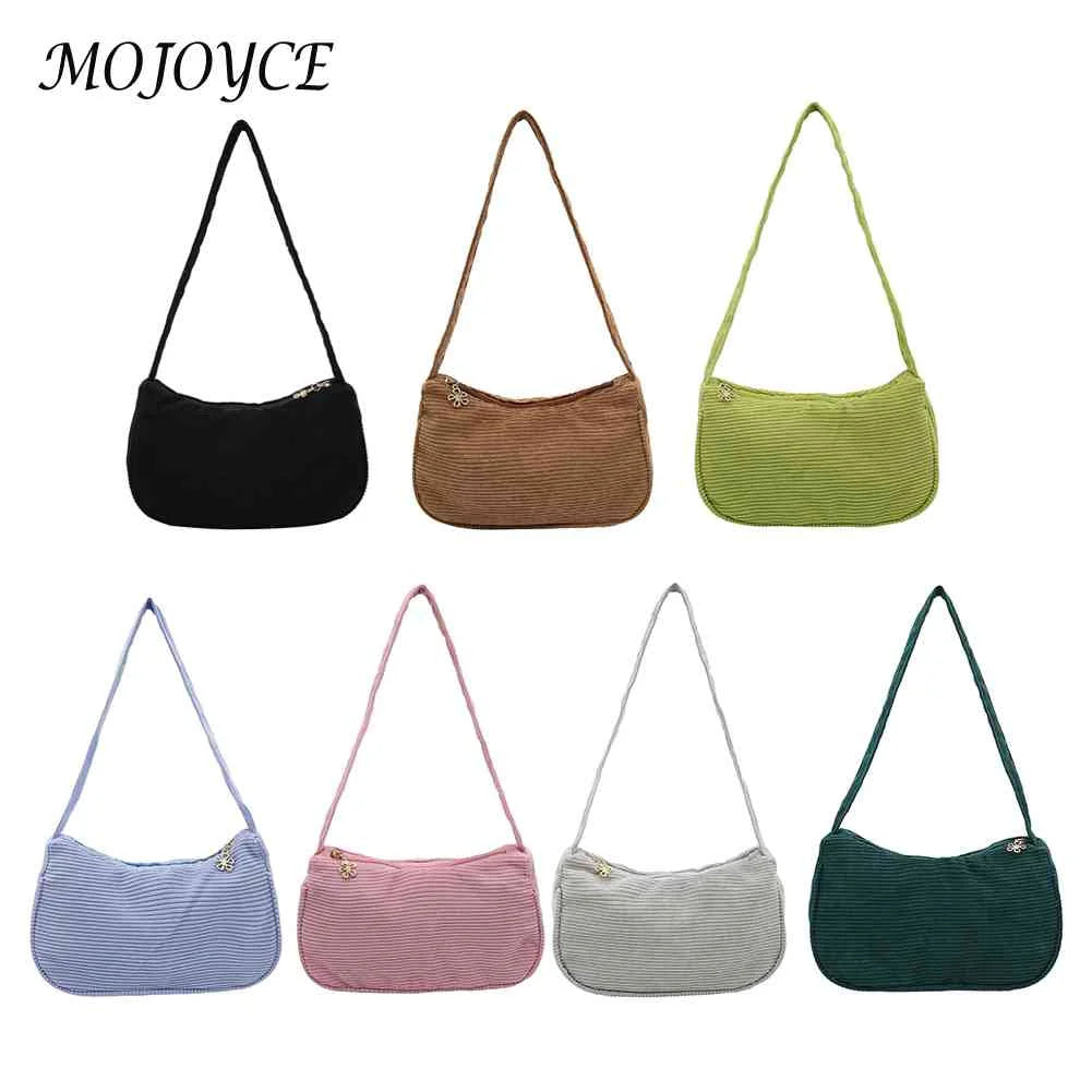 Corduroy Shoulder Bag Small Zipper Travel Shopping Underarm Bag