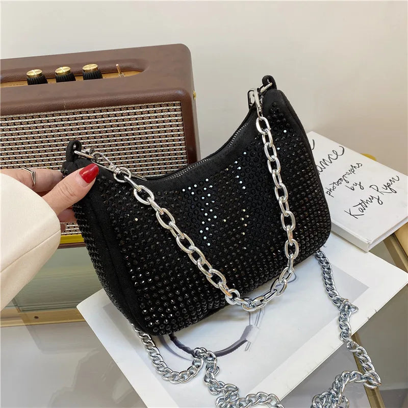 Rhinestone Silver Chain Shoulder Bag for Women