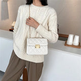 Women Shoulder Bag Diamond Thread Metal Lock Closure Leather Crossbody Handbag