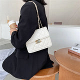 Women Shoulder Bag Diamond Thread Metal Lock Closure Leather Crossbody Handbag