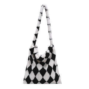 Plush Checkerboard Printing Pattern Underarm Bag Women Shoulder Bags