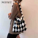 Plush Checkerboard Printing Pattern Underarm Bag Women Shoulder Bags