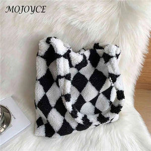 Plush Checkerboard Printing Pattern Underarm Bag Women Shoulder Bags