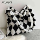 Plush Checkerboard Printing Pattern Underarm Bag Women Shoulder Bags