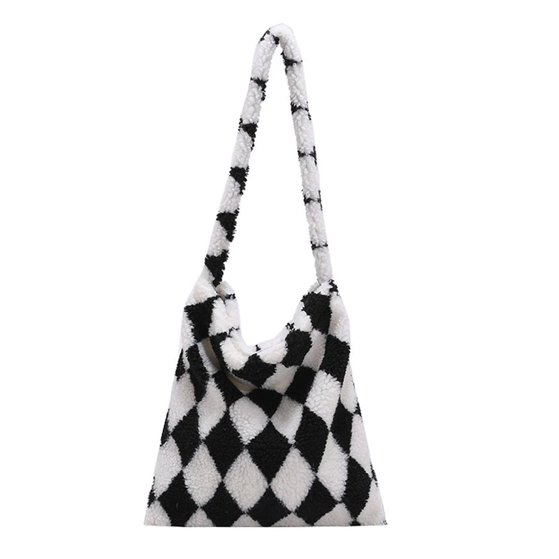 Plush Checkerboard Printing Pattern Underarm Bag Women Shoulder Bags