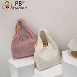 Soft Plush Niche Shopper Bag Fluffy Furs Rhombus Pattern Portable Solid