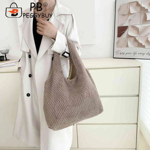 Soft Plush Niche Shopper Bag Fluffy Furs Rhombus Pattern Portable Solid