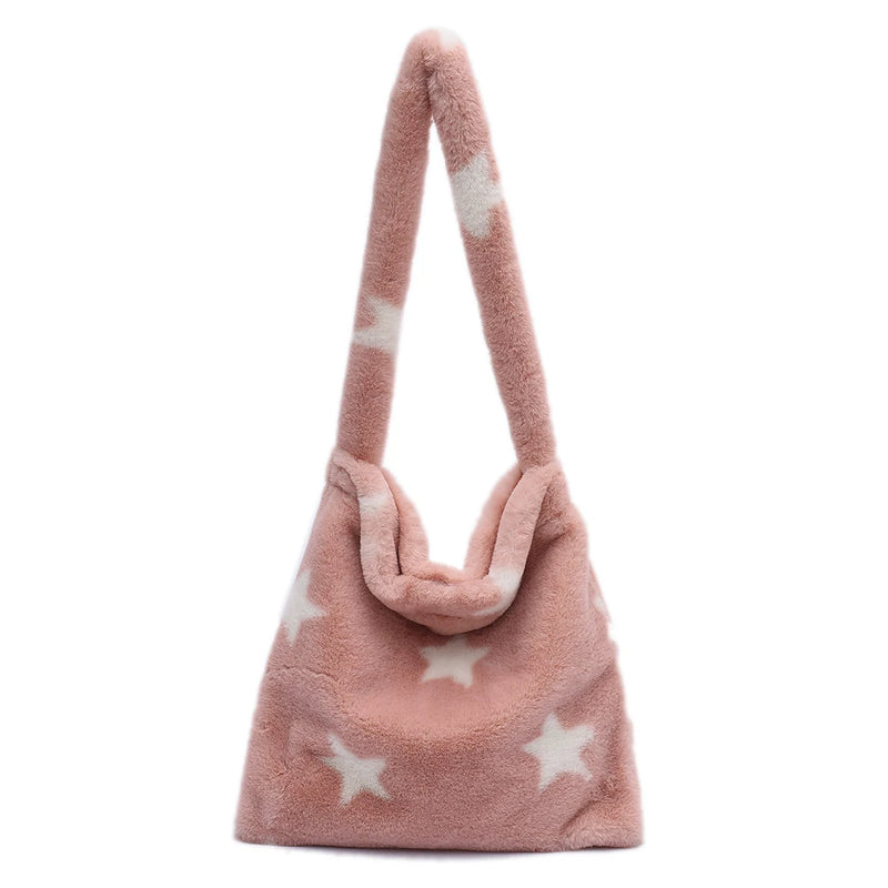 Women Star Heart Print Plush Shopping Bags Ladies Winter Shoulder Bag