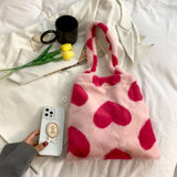 Women Star Heart Print Plush Shopping Bags Ladies Winter Shoulder Bag