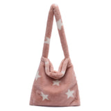 Women Star Heart Print Plush Shopping Bags Ladies Winter Shoulder Bag