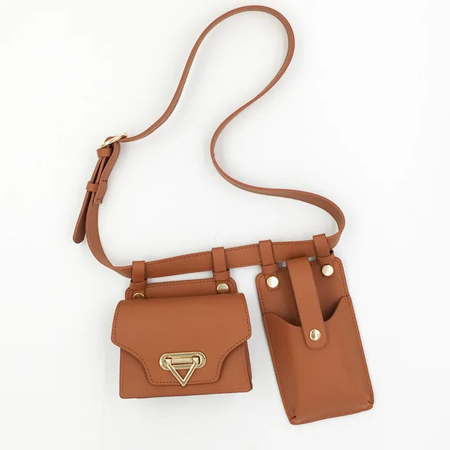 Women 2-Piece Waist Bag Dual-Use Net PU Belt Phone Bag Messenger