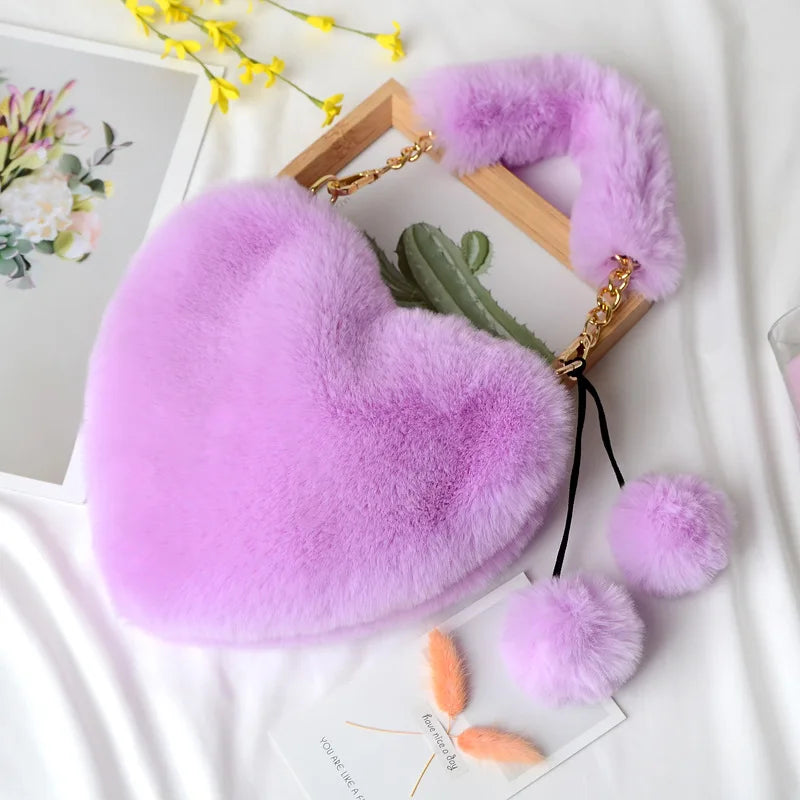 Heart Shaped Faux Fur Winter Handbag for Women
