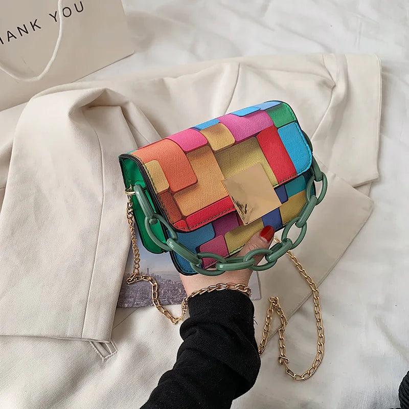 Women Rainbow Chain Small Square Bag Messenger Handbag