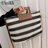Women Knit Messenger Bag Striped Zipper Soft for Travel