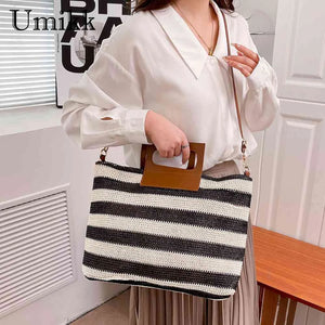 Women Knit Messenger Bag Striped Zipper Soft for Travel