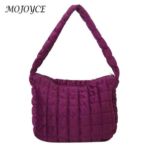 Women Quilted Plaid Tote Bag Soft Winter Large Capacity Solid Casual