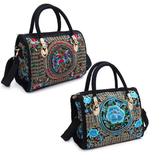 Floral Embroidered Handbag Boho Canvas Shopping Tote Zipper Bag