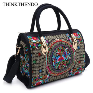 Floral Embroidered Handbag Boho Canvas Shopping Tote Zipper Bag