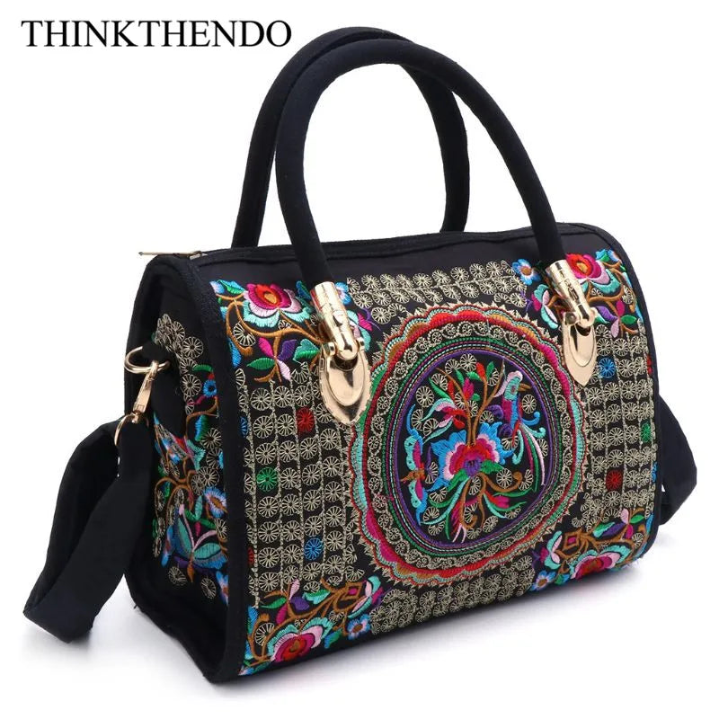 Floral Embroidered Handbag Boho Canvas Shopping Tote Zipper Bag