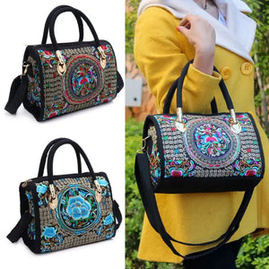Boho Floral Embroidered Handbag Canvas Zipper Bag