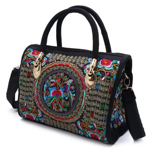 Floral Embroidered Handbag Ethnic Canvas Shopping Tote Zipper Bag