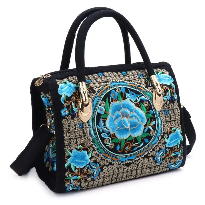 Boho Floral Embroidered Handbag Canvas Zipper Bag