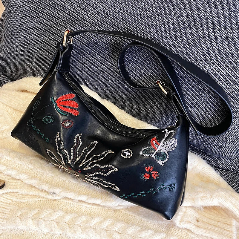 Women Flower Embroidery Bag Soft Pu leather Shoulder Crossbody Bags