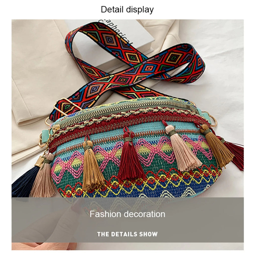 Women Folk Style Waist Bags Adjustable Strap Colorful Fanny Pack Fringe Decor