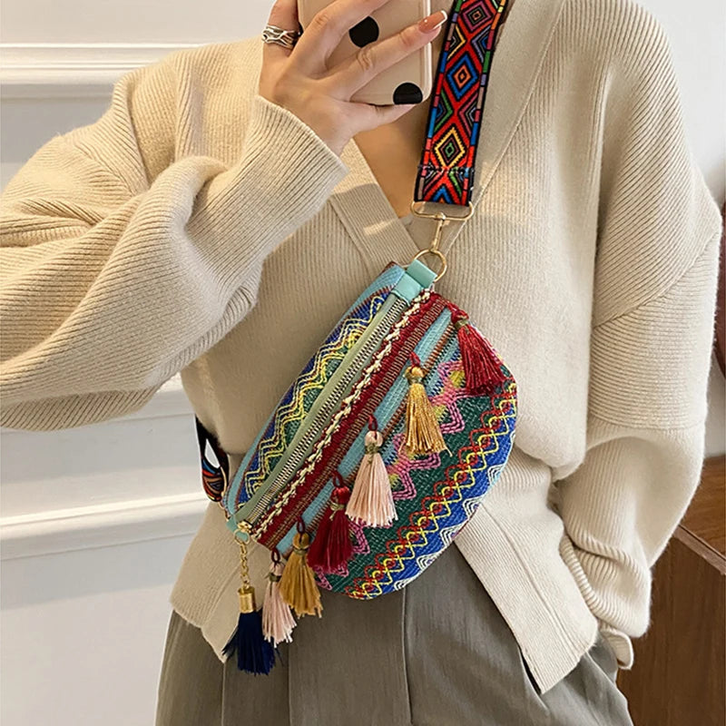 Women Folk Style Waist Bags Adjustable Strap Colorful Fanny Pack Fringe Decor